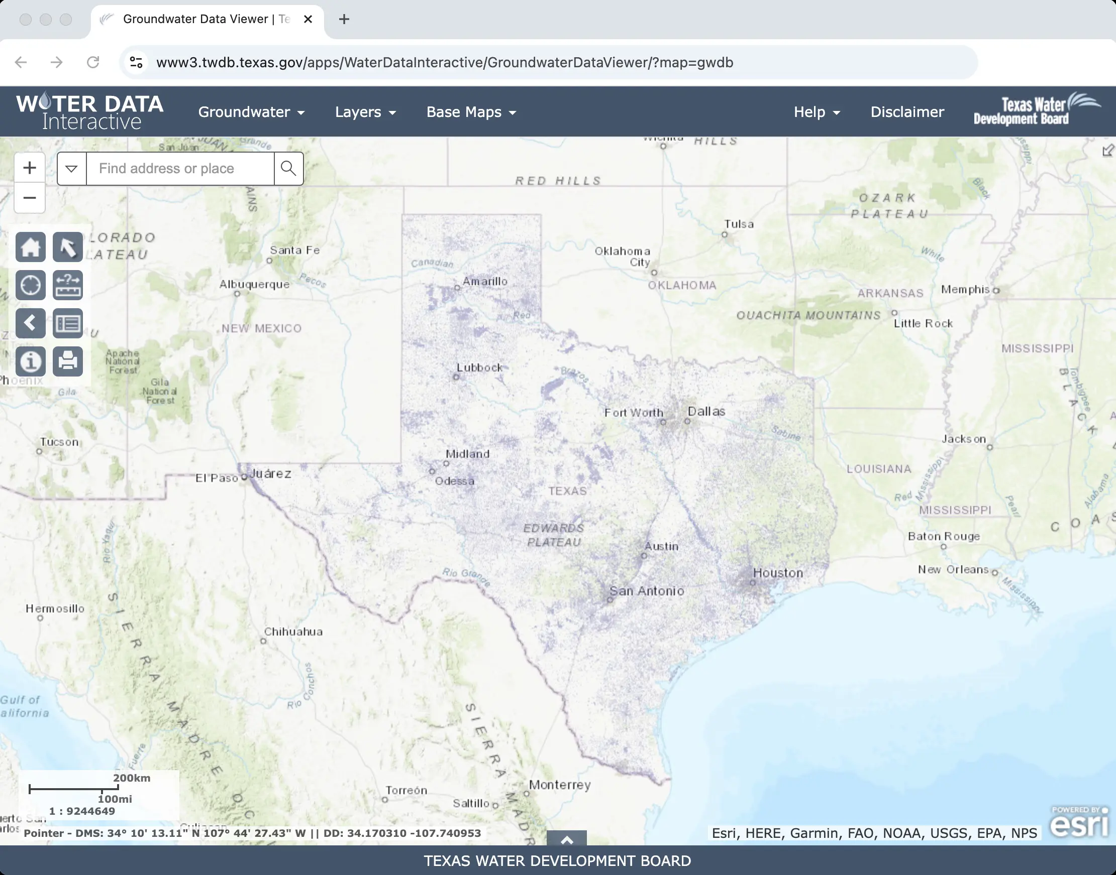 Screen capture of the TWDB Groundwater Data Viewer.