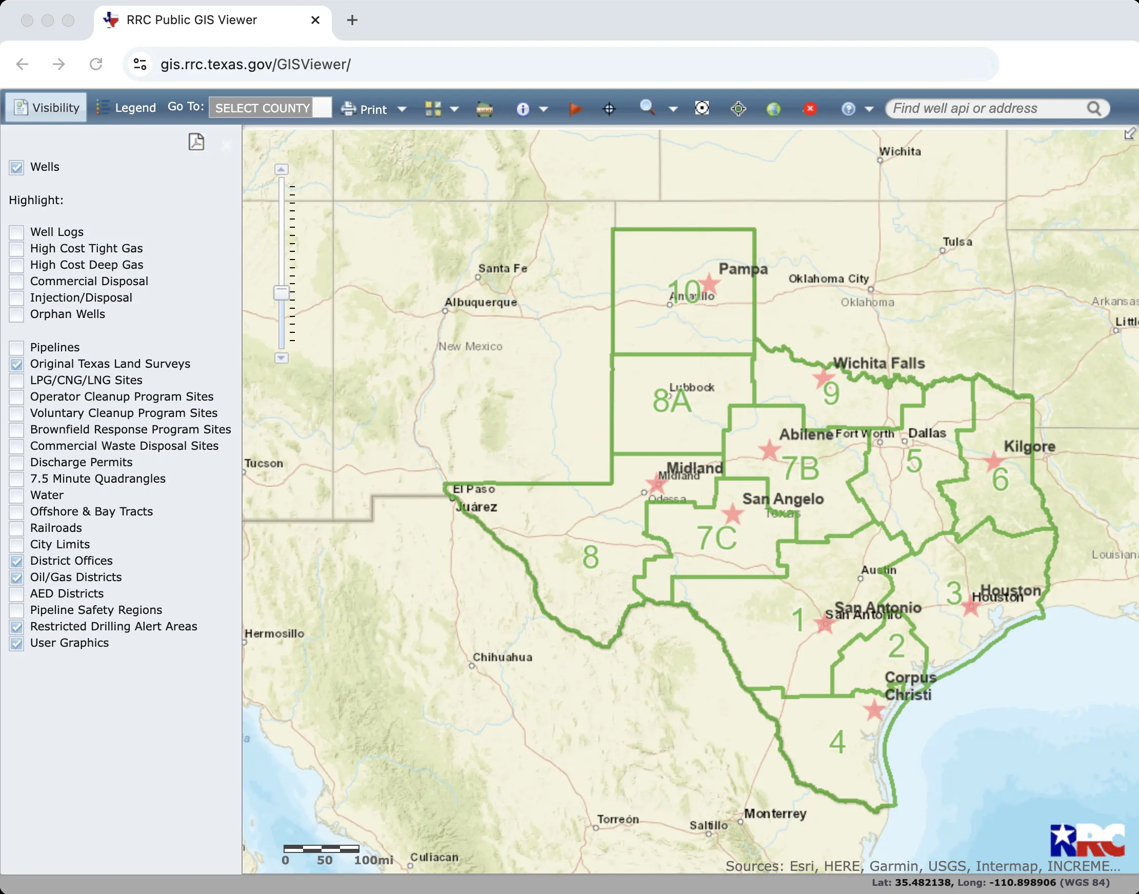 Screen capture of the TXRRC Public GIS Viewer.
